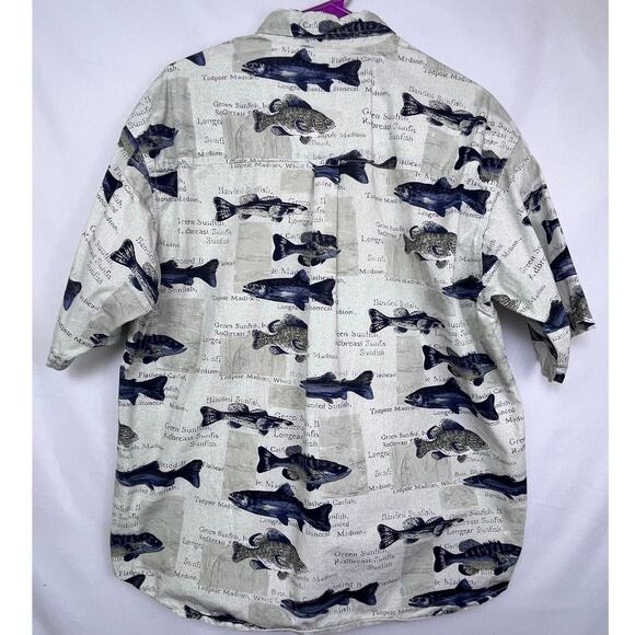 Columbia Mens Large Khaki Short Sleeve Button Down Fish Print Fishing Shirt - Picture 6 of 7